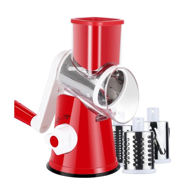 3 Drum Blades Stocked Rotary Cheese Grater for Manual Vegetable Slicer and Walnuts Grinder