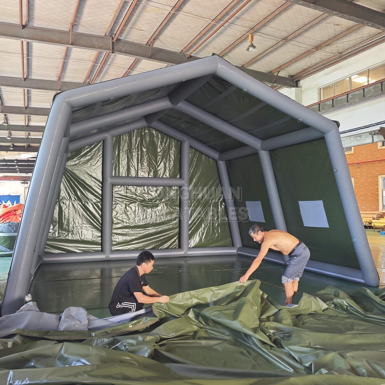 Commercial Olive Green Inflatable PVC Tent with Reinforced Air Frame Roll Up Door and Ventilation Windows for Emergency Camps Field Operations