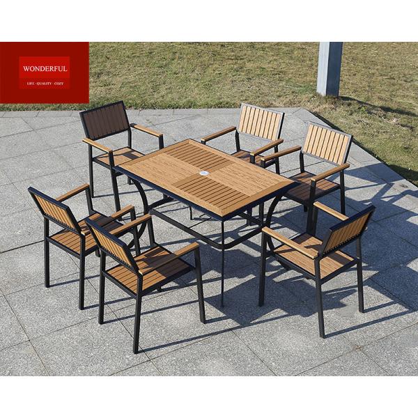 Outdoor Yard Wood Furniture in Black Aluminum Frame with Yellow Plastic Wood Table Set