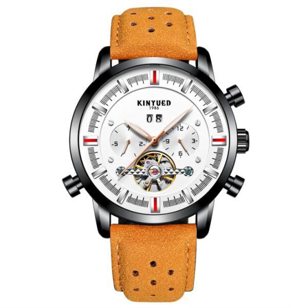Black Case Tourbillon Mechanical Watch Brown Genuine Leather Auto Date