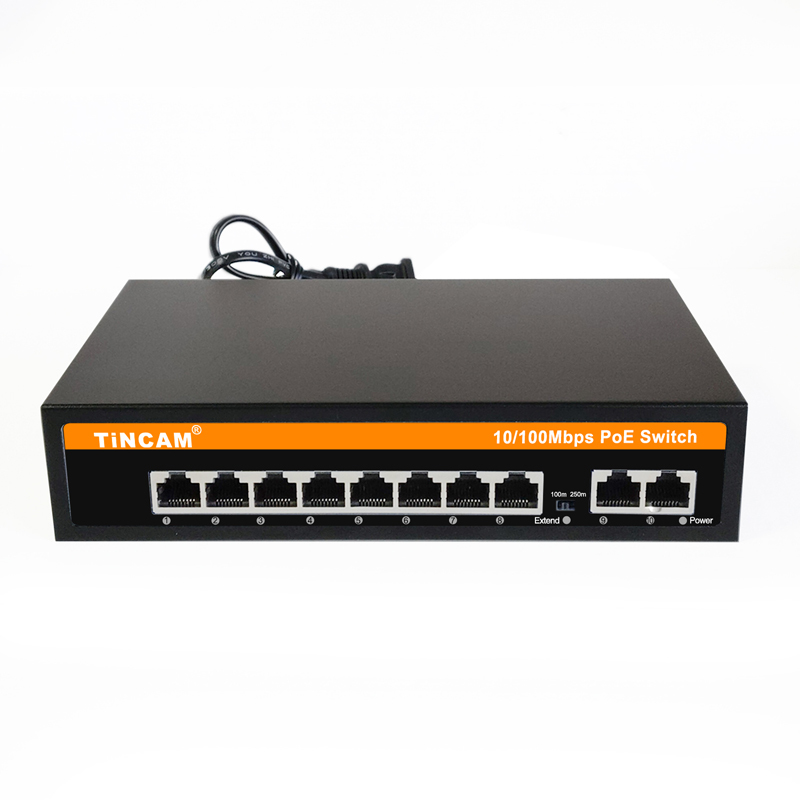 8-Port 10/100Mbps PoE Switch with 2 Uplink Ports 250m Extend VLAN IEEE 802.3af