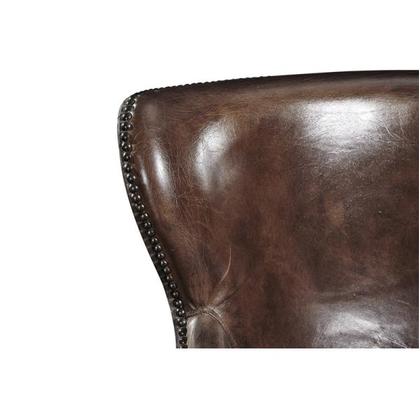 Vintage Cigar High Back Leather Armchair Solid Wood Linen Back Exposed Frame