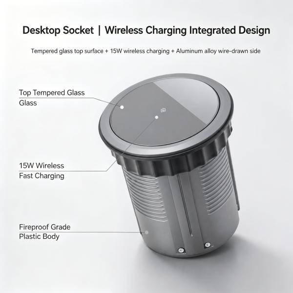 Retractable Power Socket with 3 American Outlets 20W USB Charger and 15W Wireless Charging Pad