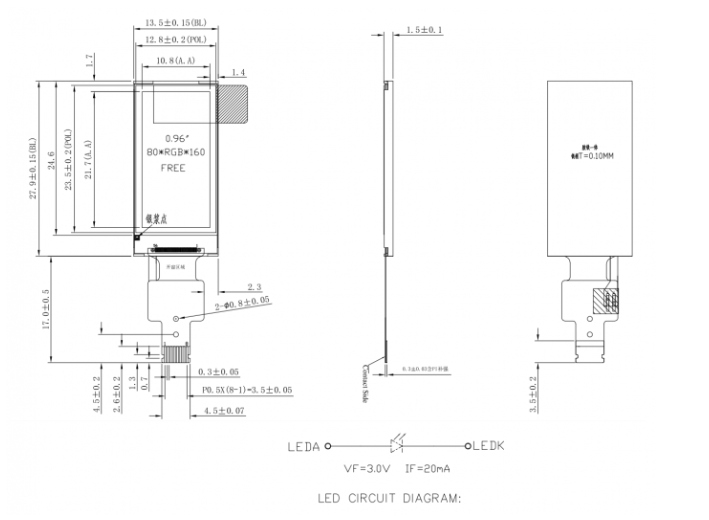 0.96 Inch TFT LCD Screen with SPI Interface and 80x160 Pixels Resolution ST7735 Driver IC