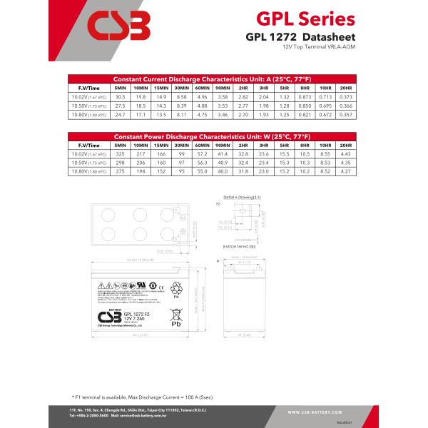 GPL1272 12V 7.2Ah CSB Battery Rechargeable Maintenance-Free Lead Acid Long Life Battery For UPS