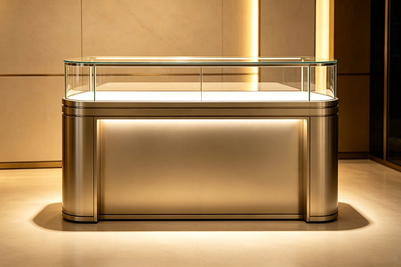 Custom Curved Tempered Glass Stainless Steel Jewelry Display Counter with Lockable Storage for Luxury Jewelry Stores