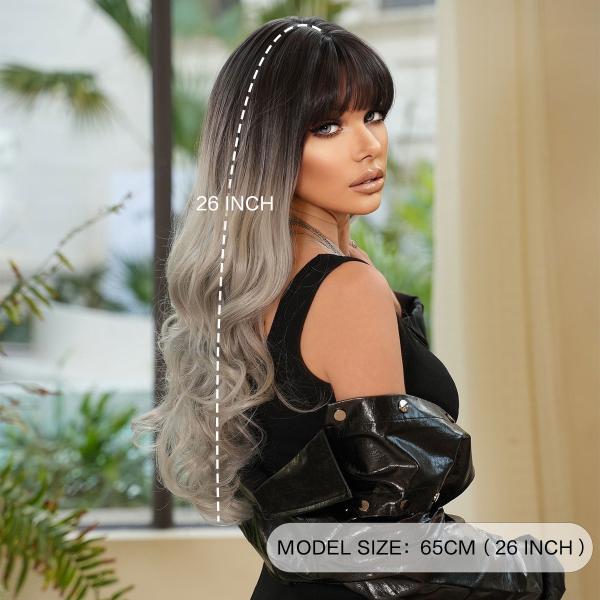 Fashion Long Body Wave Dark Root Hair  Black/Grey Synthetic Wigs For Women