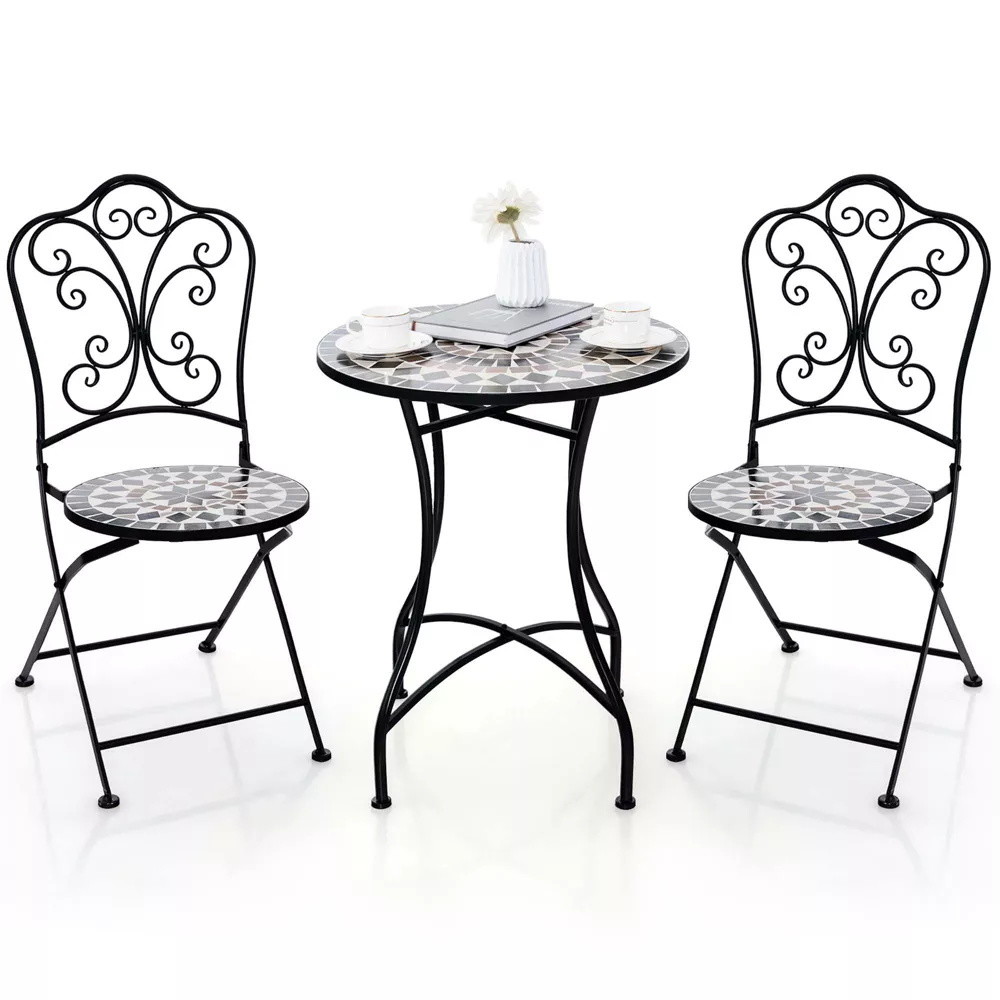 Outdoor Furniture AJUNION 2 Seating Chair and Table Set Metal Iron Foldable Chair Antique Mosaic Tile Table Bistro Set