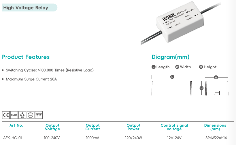 12-24V Control High Voltage Relay 100-240V AC 1A 240W Lighting Relay Switch