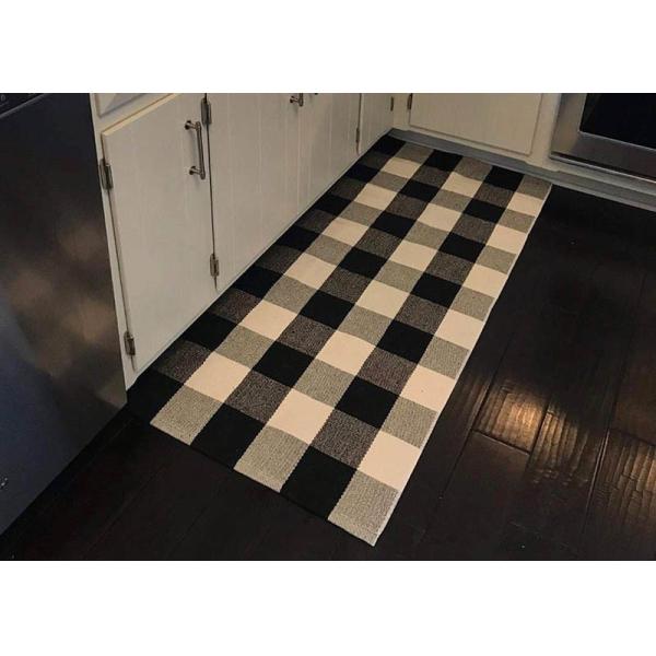 60*90 Cm Cotton And Linen Black And White Plaid Mat , Woven Outdoor Porch Mats