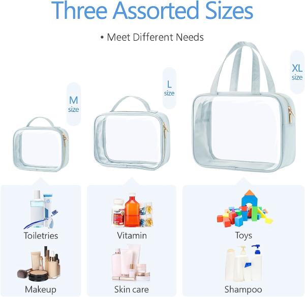 3 Pack Clear Makeup Bags With Handle Large Opening Waterproof Clear Cosmetic Bags