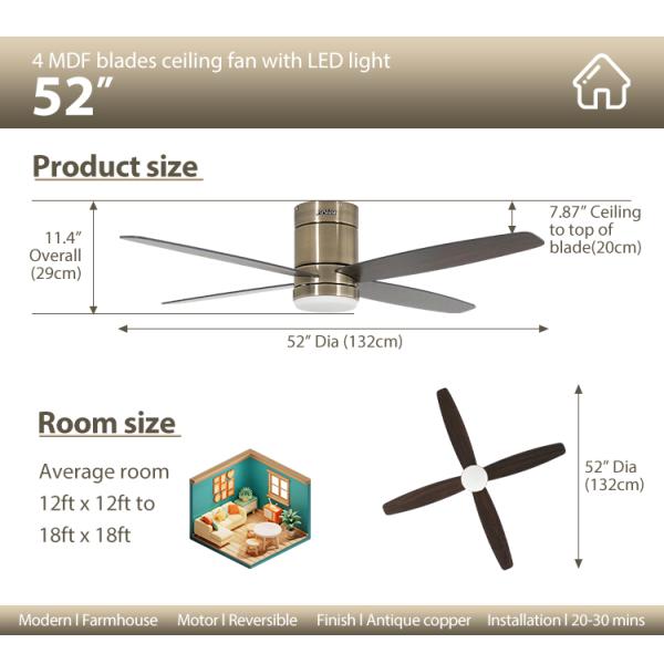 1stshine Antique Brass Color LED Ceiling Fan com estilo vintage remoto e vento natural