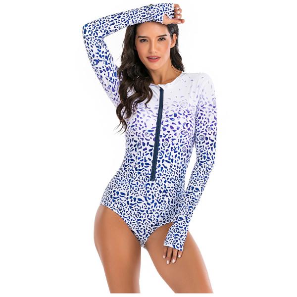 Traje de baño de Front One Piece Long Sleeve de la cremallera que imprime el alto puño elástico del pulgar