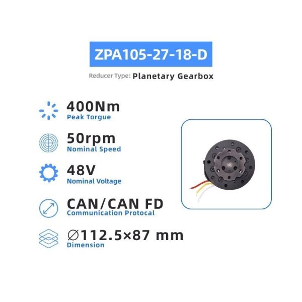 ZBDynamiX ZPA105-27-18-D High-Torque Planetary Joint Actuator | 400 Nm Peak Torque, 18:1 Ratio, OD112.5 mm