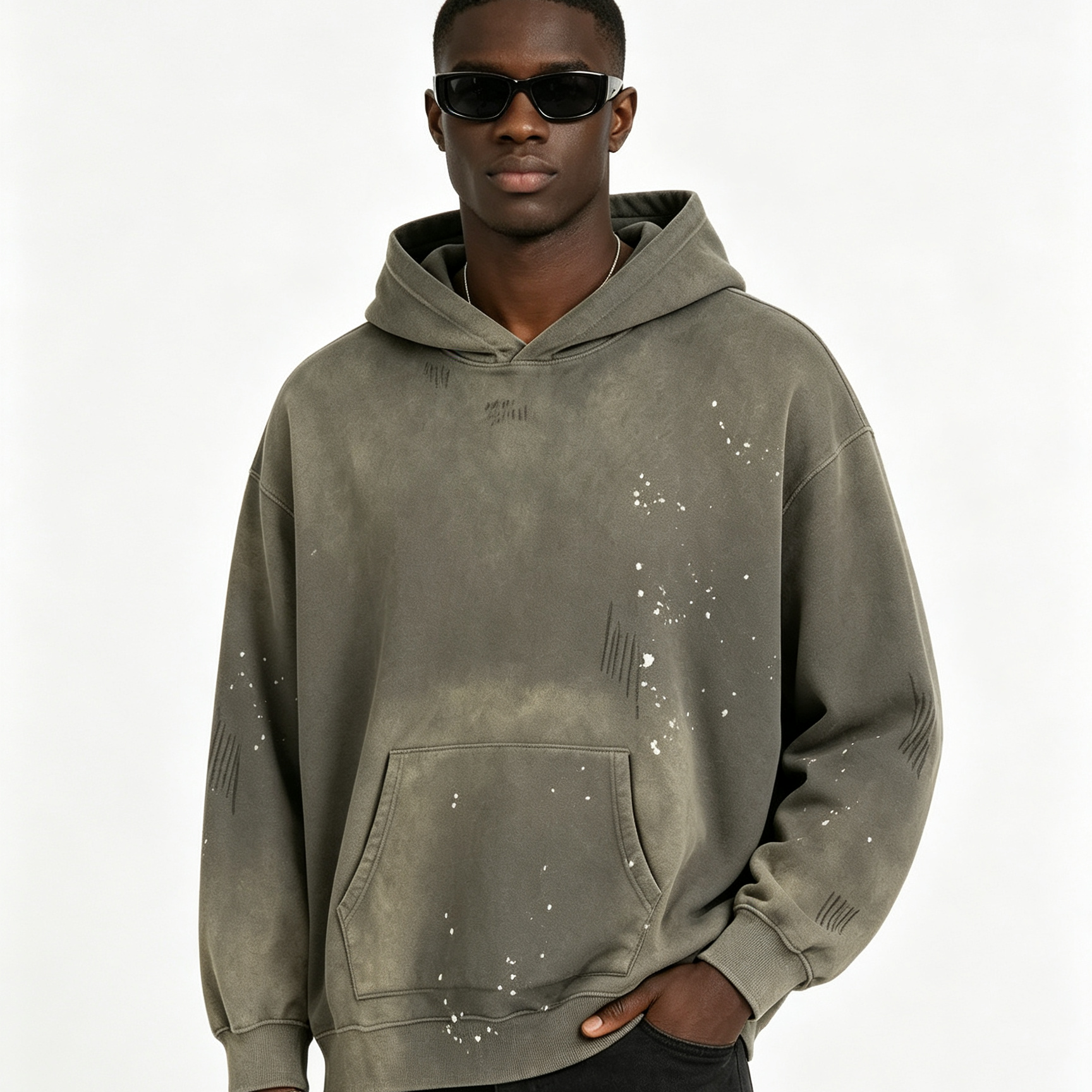 Men’s Washed Paint-Splatter Hoodie 350-400G Oversized Streetwear Casual Pullover Sweatshirt