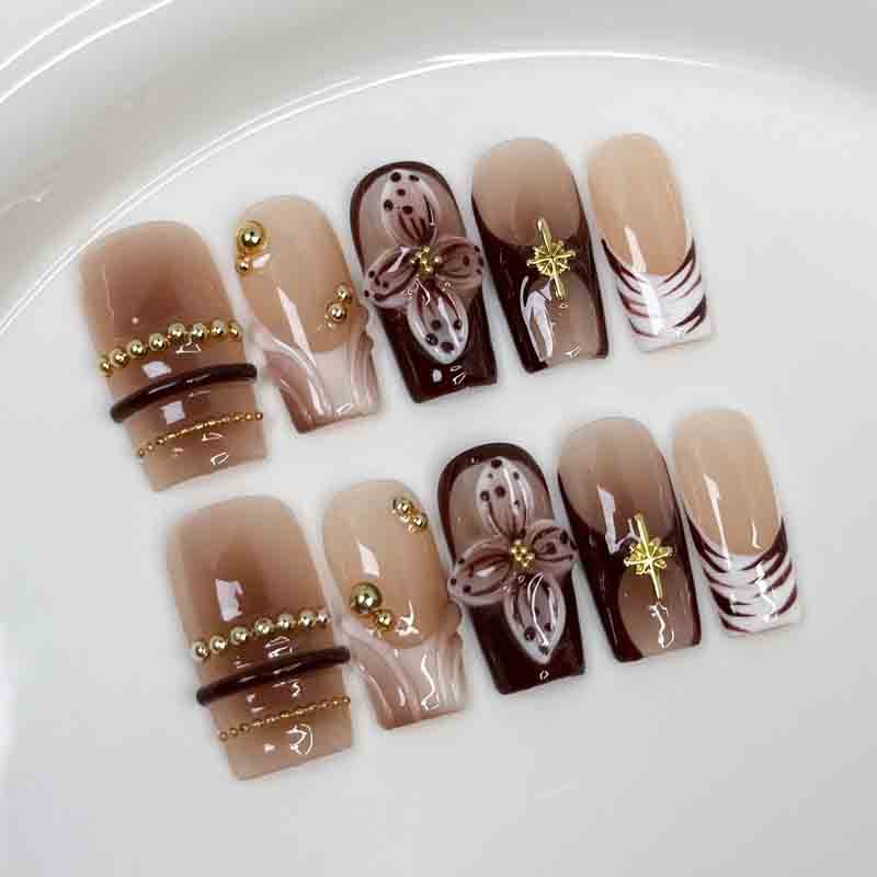 Handmade Press On Nails Wholesale Long Square Coffee Gradient Flower Zebra Fake Nails