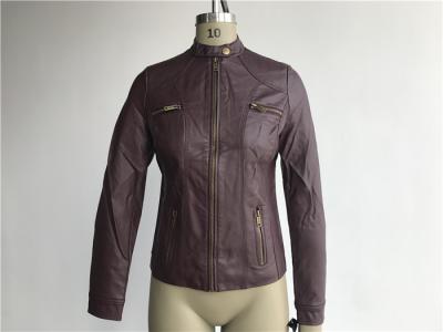 Burgundy Pu Leather Coat / Biker Jacket With Triple Stitching Tw77492