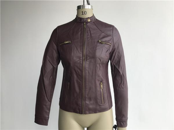 Burgundy Pu Leather Coat / Biker Jacket With Triple Stitching Tw77492