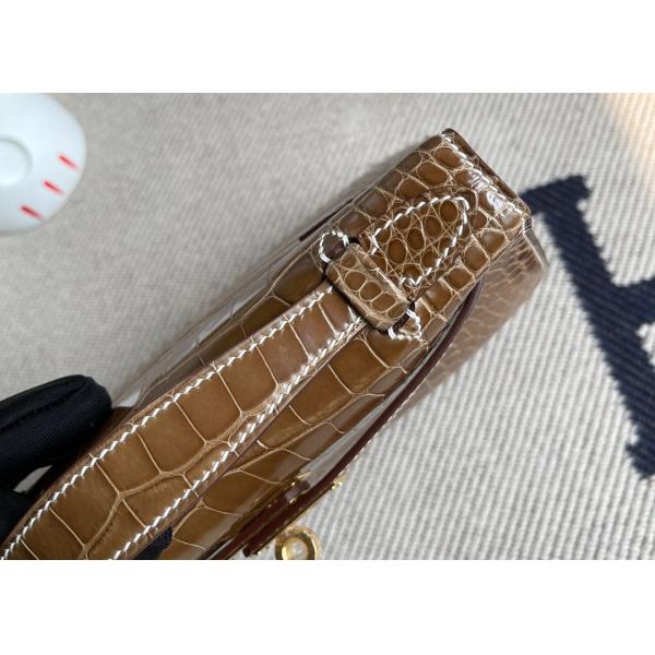 22cm Crocodile Leather Handbags , Tobacco Leather Square Bag