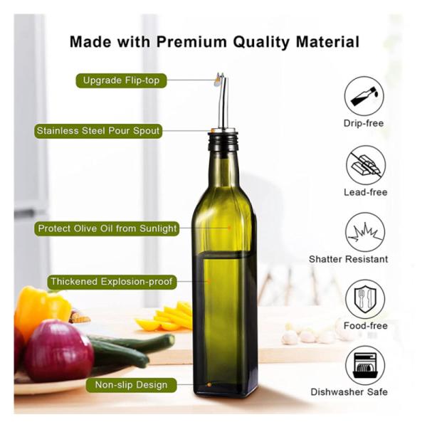 Glass Dark Green Kitchen Oil Bottle With Stainless Steel Spout Funnel Square 500ml 2pcs