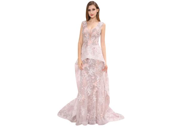 Pink Appliqued Lace Sleeveless Arabic Wedding Guest Dresses Long Prom Gown