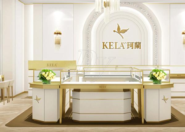 Rectangle Jewelry Showroom Display Cabinets Gold Stainless Steel Wood Material