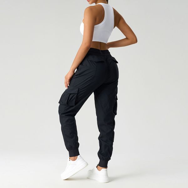 Women's Beige Nylon Cargo Pants Drawstring Multi Pocket Lightweight Elastic Cuffed