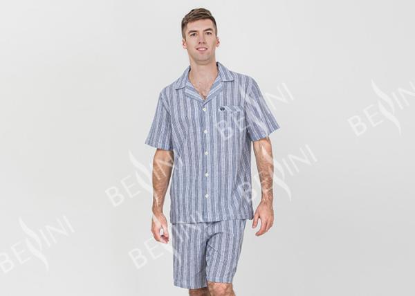 Anti Pilling Mens Luxury Sleepwear Woven Cotton Linen Yarn Dyed Pajamas Shorts