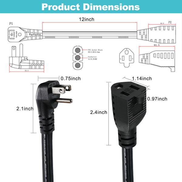 14 AWG SPT-3 Flat Wire Power Cord NEMA 5-15P to 5-15R Straight Blade Plug 15A 125V Flexible Cable for Industrial/Home Use