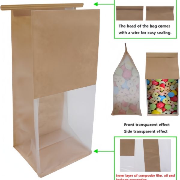 Square Bottom Bread Packaging Bags Custom Bakery Bags With Window Resealable Tin Tie Tab Lock
