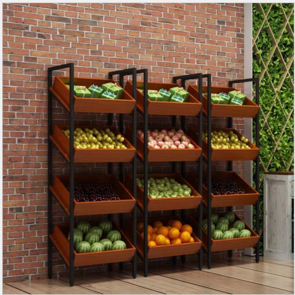 High Grade Cold-rolled Sheet Wooden Fruit Vegetable Display Rack for Supermarket Stores