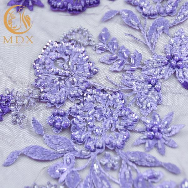 OEM Handwork Purple Beaded French Lace Fabric Embroidered