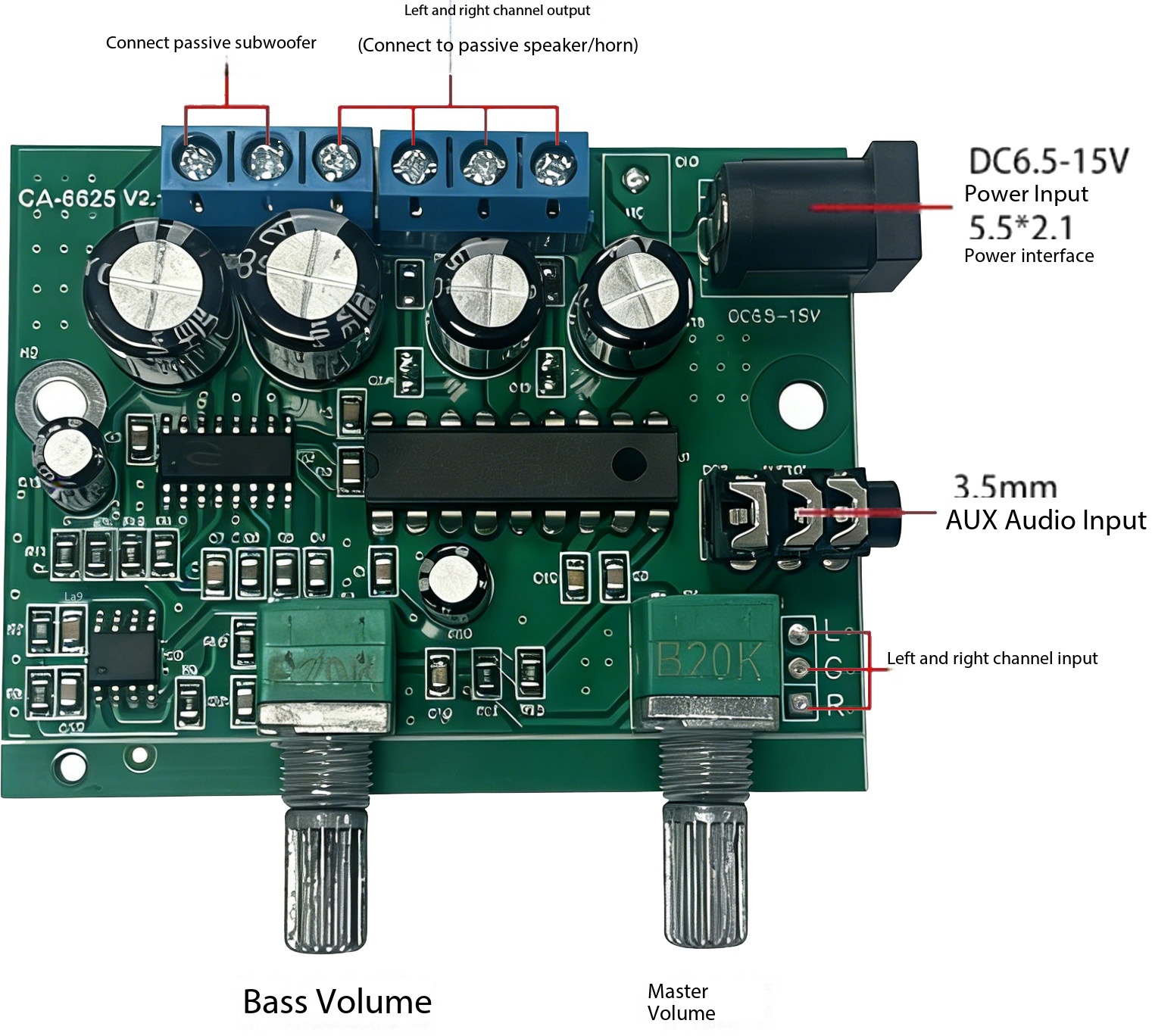 CA-6625 2.1 Channel Ultra Heavy Bass Digital Amplifier Board Module DIY Old-fashioned Audio Box Finished Product 12V 6W*2+25W