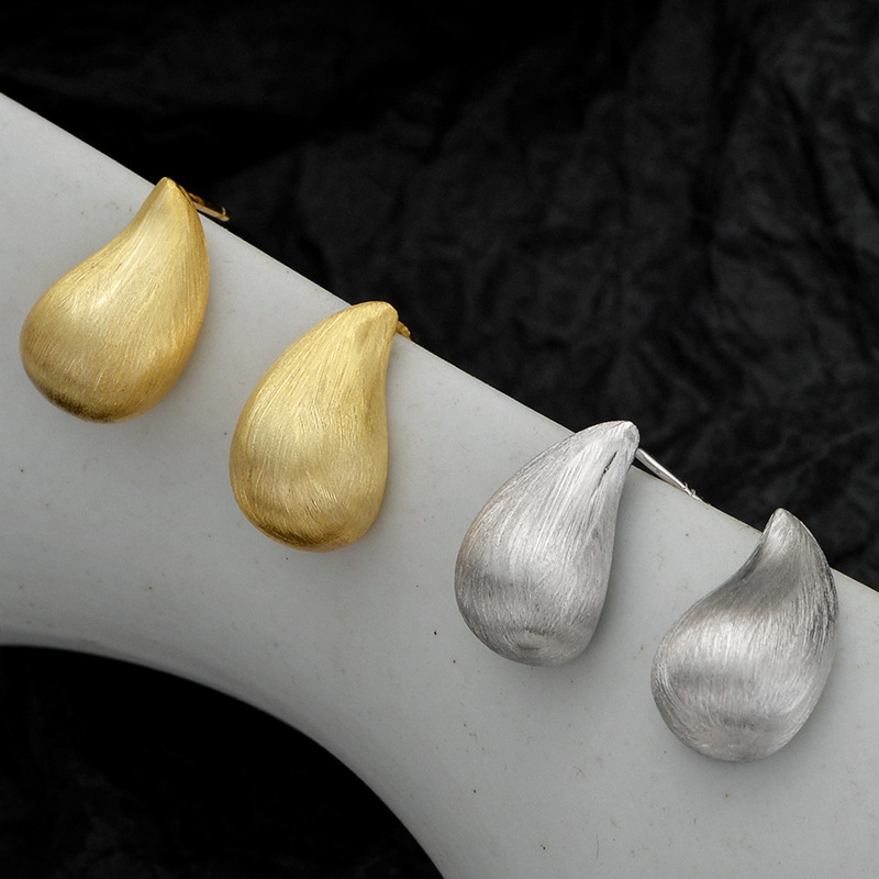Teardop Stud Earrings Brushed Texture Finish 925 Sterling Silver Jewelry