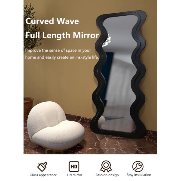 OEM Floor Wavy Standing Mirror Black Ornate Wooden Frame