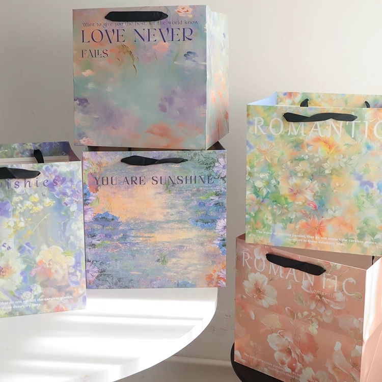 Oil Painting Style Floral Paper Gift Bags With Ribbon Handles For Retail