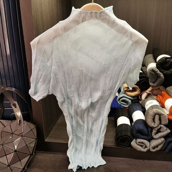 Summer New Thin Satin T-Shirt for WomenTexture High-End Casual Style Short Sleeve Half-High Collar Slightly Sheer Base