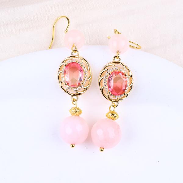 Multifacted Natural Crystal Rose Quartz Round Shape Bead With Pink Oval Shape Charm Beaded Earring