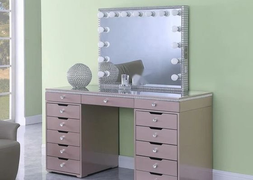 Rose Gold Mirrored Vanity Table with Hollywood Mirror and Custom Size Options