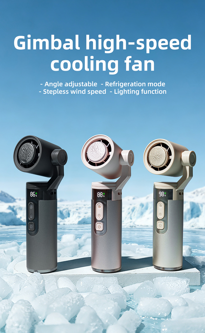 Factory OEM ODM Gimbal Handheld Fan Built-in 3000mAh 21700 Lithium Cell Semiconductor Ice Cooling Fan with LED Flashlight