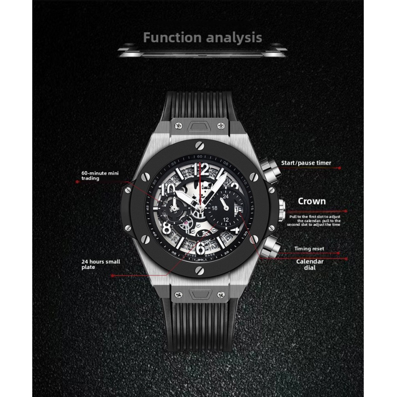 Men Luxury Skeleton Quartz Watch Rose Gold Chronograph Sport Wrist Watch Silicone Strap Business Casual Hollow Dial Watch