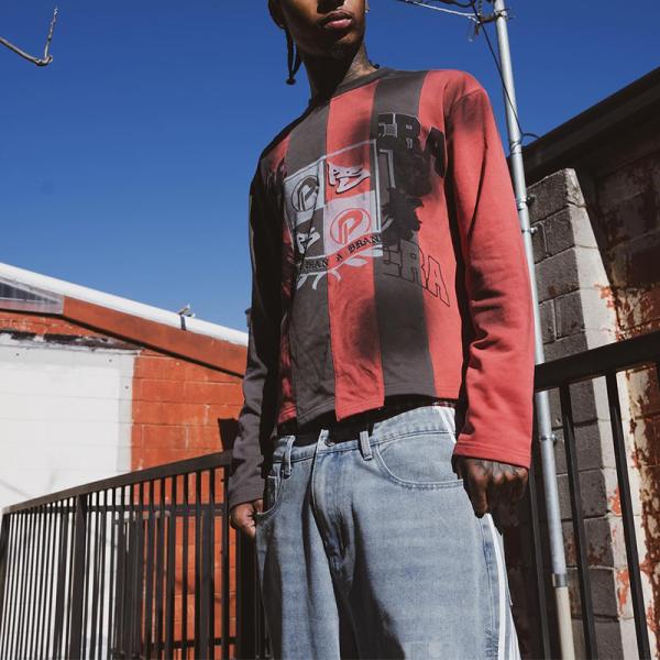 Wholesale Streetwear Patchwork Long Sleeve Shirt Color Block Screen Print T Shit Sweatshirt Tee Cut and Sew Raw Hem Sweat Shirt