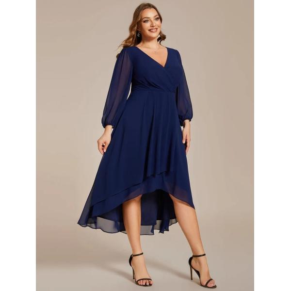 Plus Size Ruffled A-line Long Sleeve V-neck High Low Wedding Guest Navy Blue Chiffon Bridesmaid Dress
