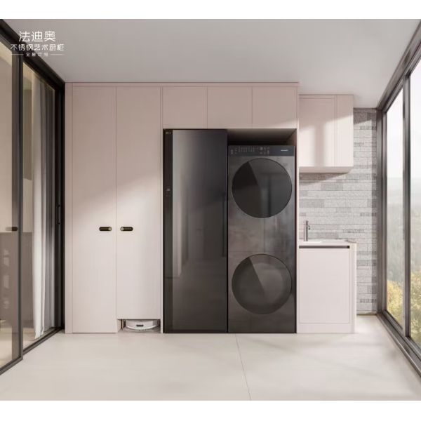 Modern Minimalist Style Soft Blush Pink  Stainless Steel Laundry Cabinet With Integrated Waterproof Storage Solutions