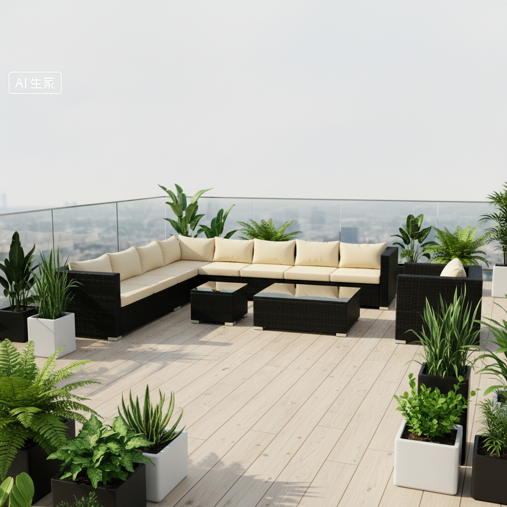 All Weather PE Rattan Wicker Outdoor Patio Furniture Set L Shaped Sectional Sofa 2 Coffee Tables Single Chair for Garden