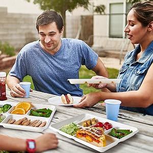 Compostable 6 Compartment Plates, 90 Pack Compartment Paper Plate, 12.5 * 8.6 inch Disposable School Lunch Trays