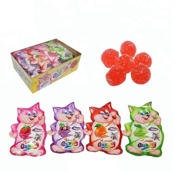 Ball Shape Chewing Gummy Sweets Red Color Fruit Flavored Packed In Cat Pattern Bag