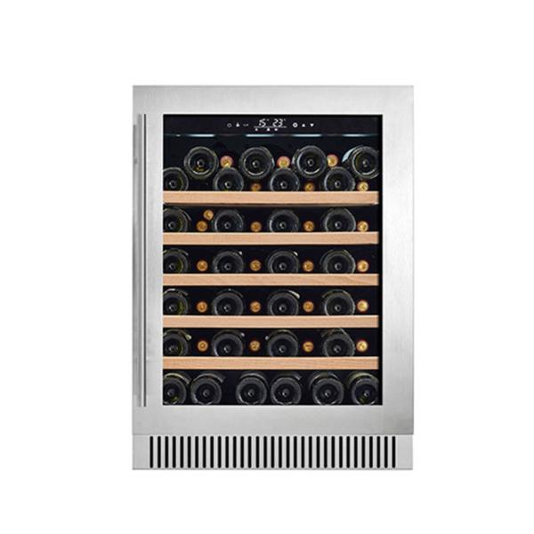 Frigorífico elétrico de vinho preto de 60 garrafas com portas de vidro e prateleiras de madeira
