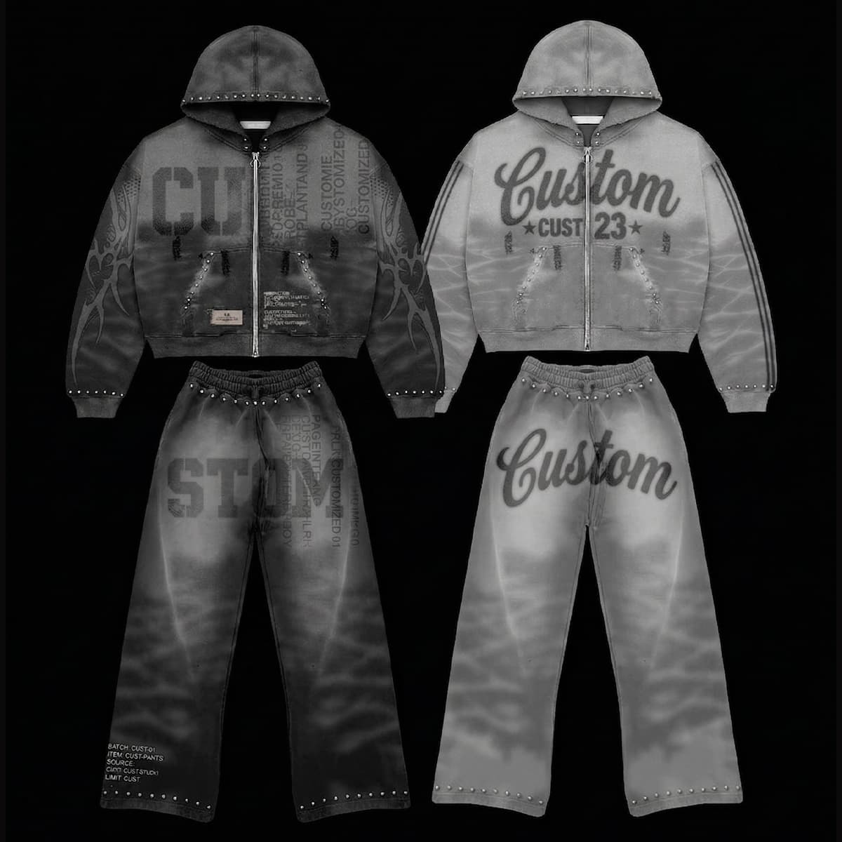 Custom Vintage Wash Studded Zip-Up Hoodie & Pants Set for Men