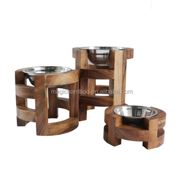 Make Pet Eat Elevated Bamboo Wooden Pet Food Feeder With Stainless Steel Bowls Single Tier